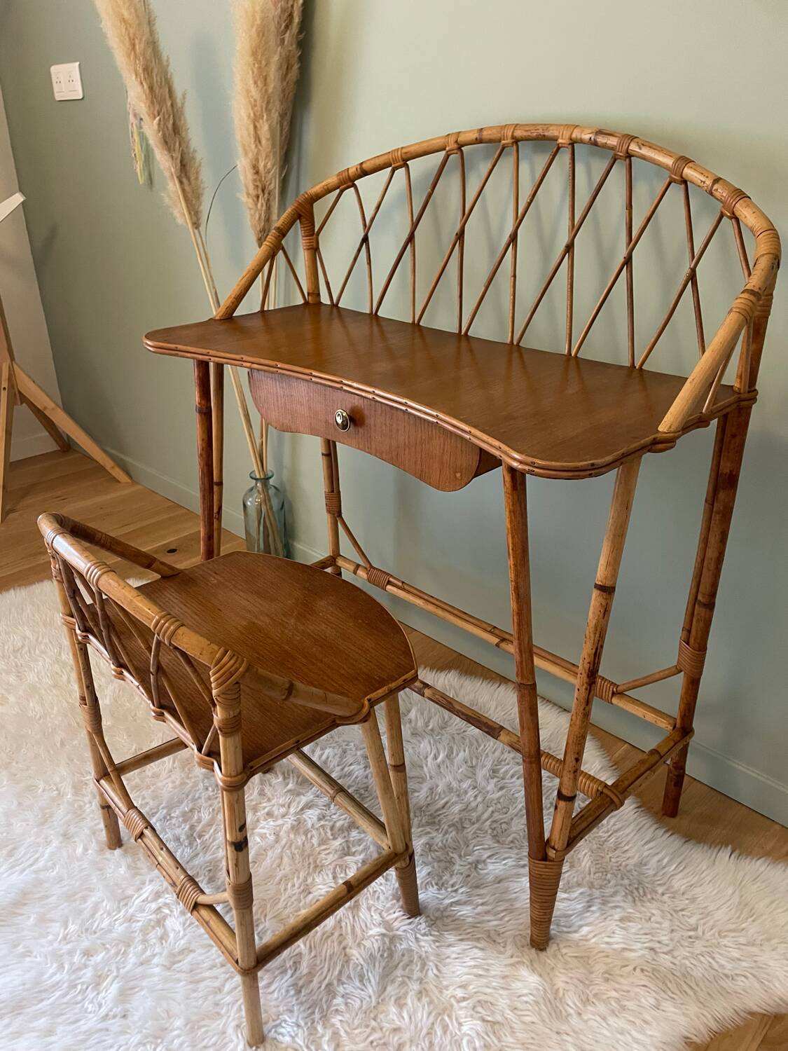 Coiffeuse rotin vintage