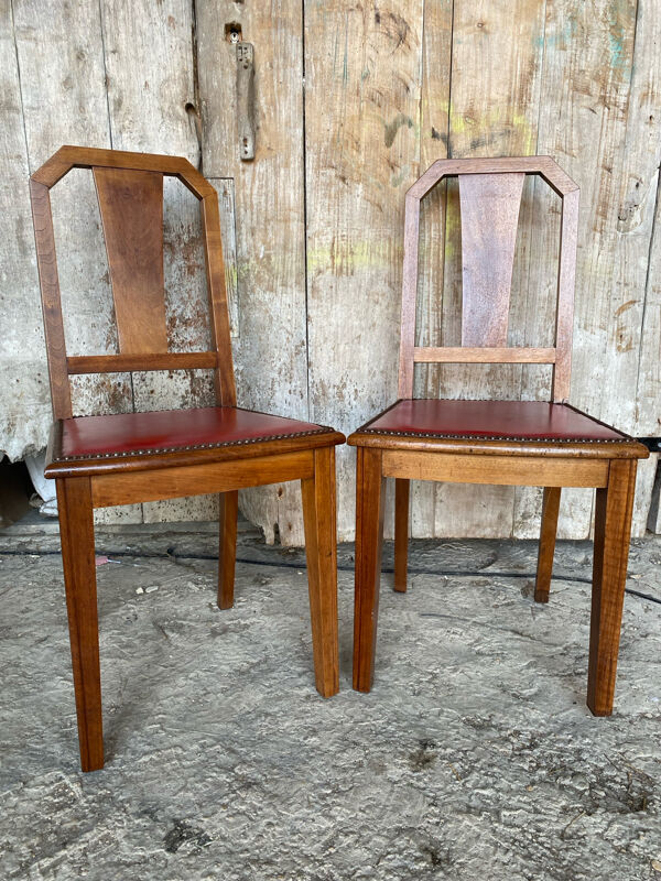 Paire Chaise Ancienne Art Deco Bois + Assise Cuir Rouge Vintage #D742