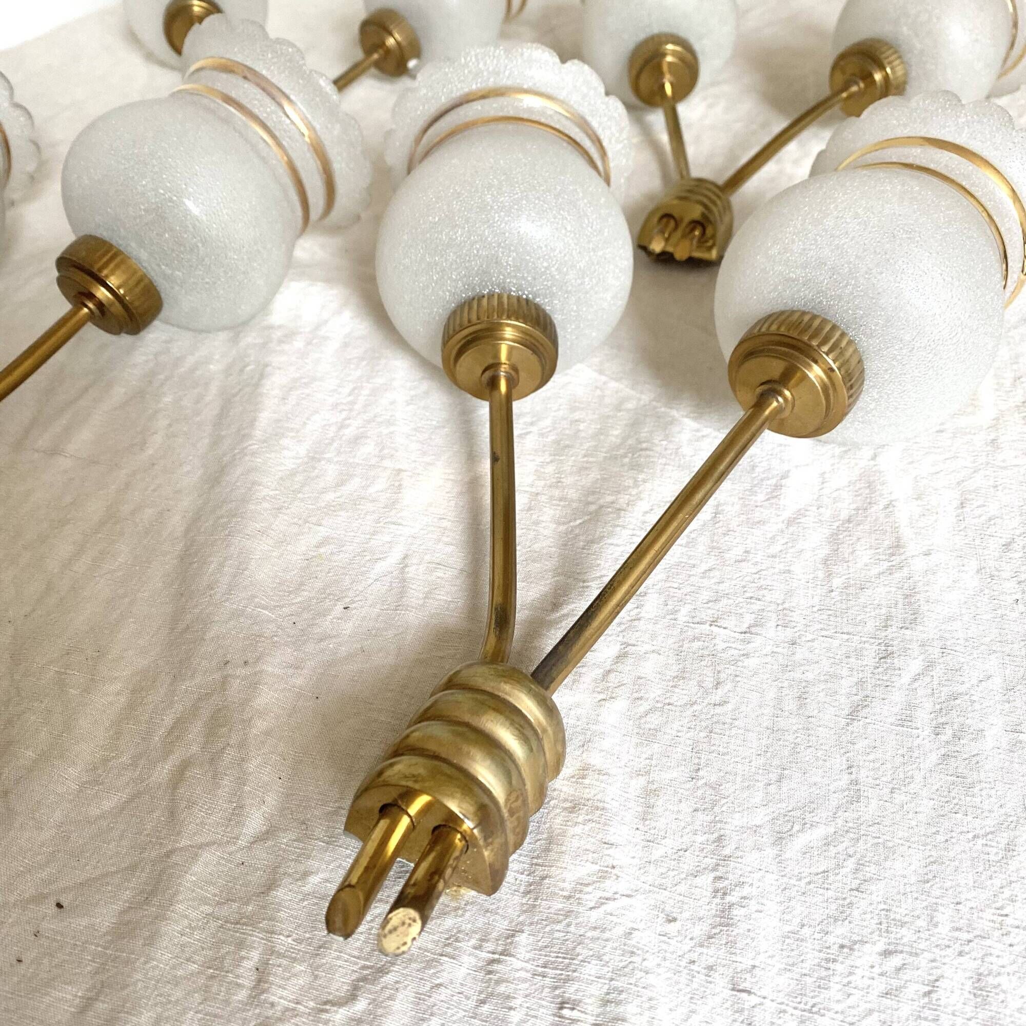 Set of 4 double wall lights in brass and frosted glass