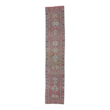 Vintage natural pink Turkish hand-knotted Herki runner 78x390