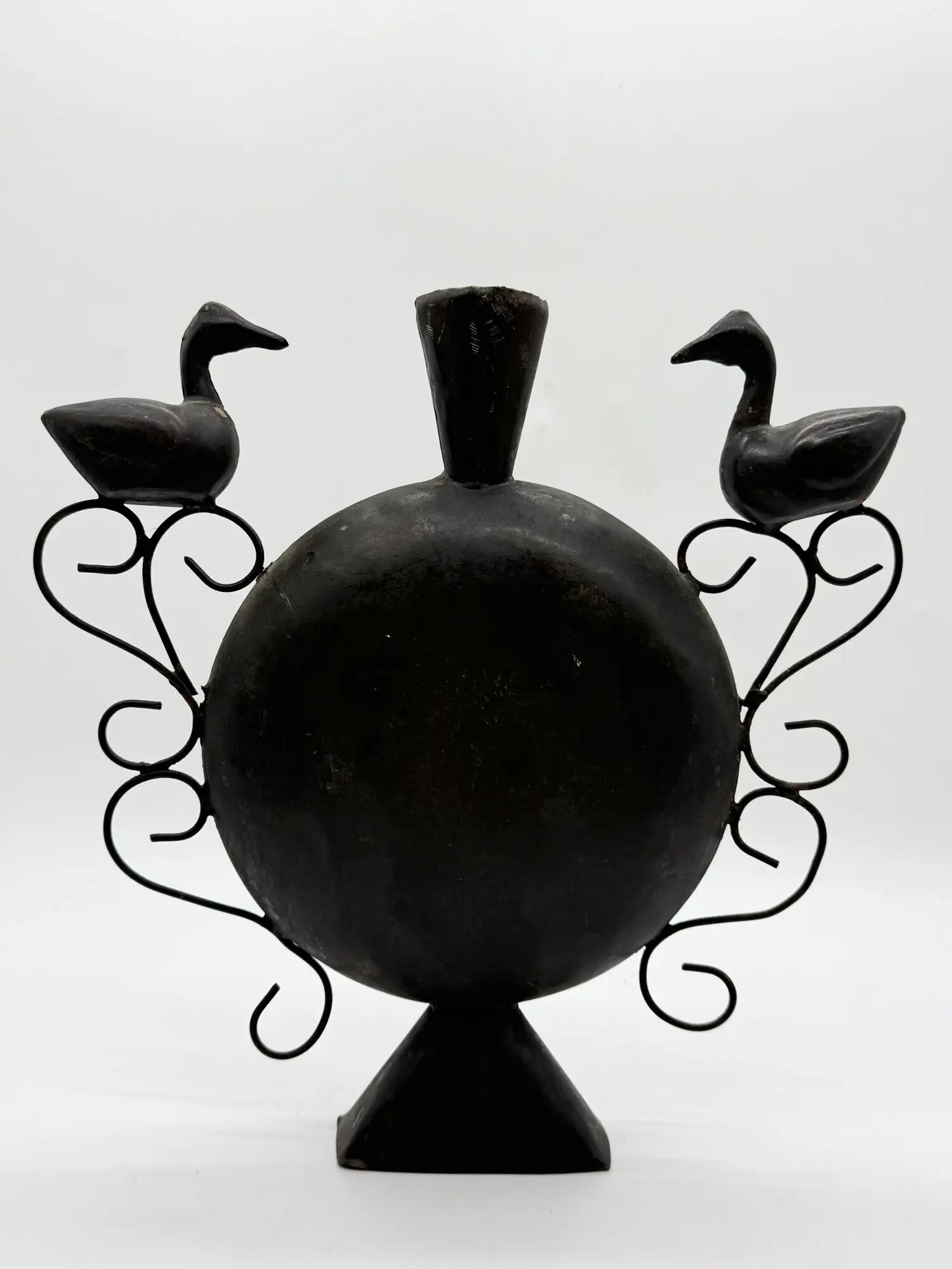 Vase with birds in forged metal, handcrafted, 1960s