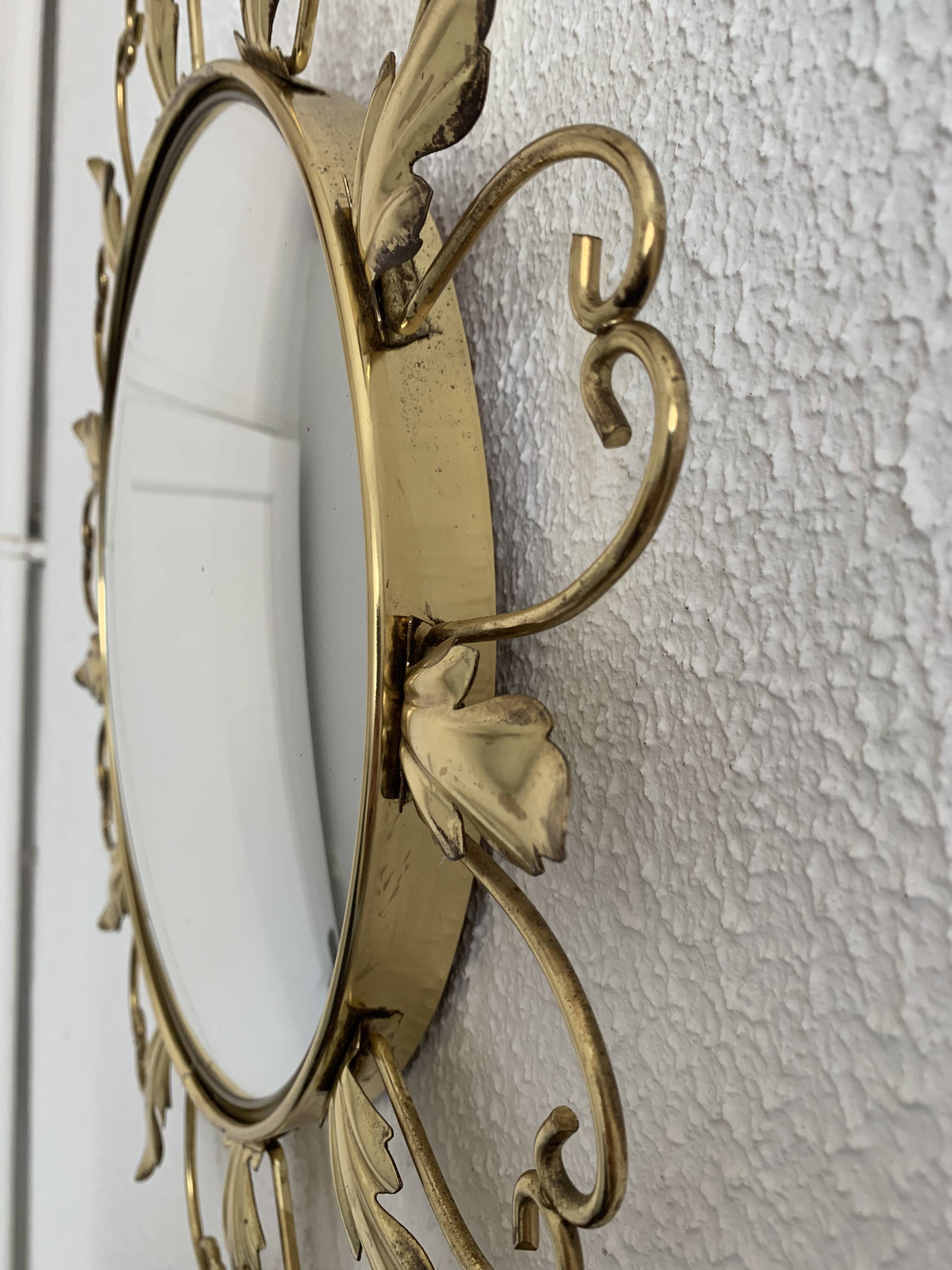Vintage 1960s witch's eye sun mirror, domed gold metal - 45 cm