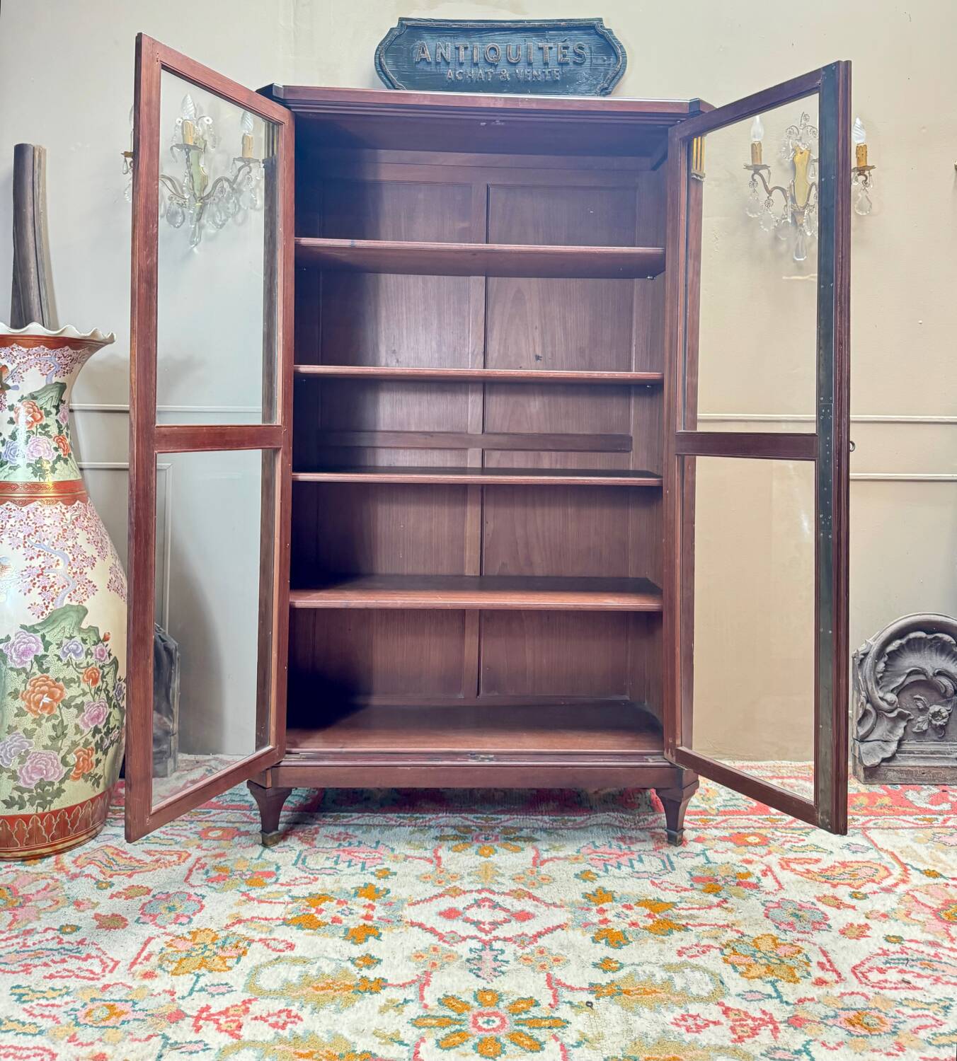 Library, mocheté mahogany display case in louis xvi style 19th century