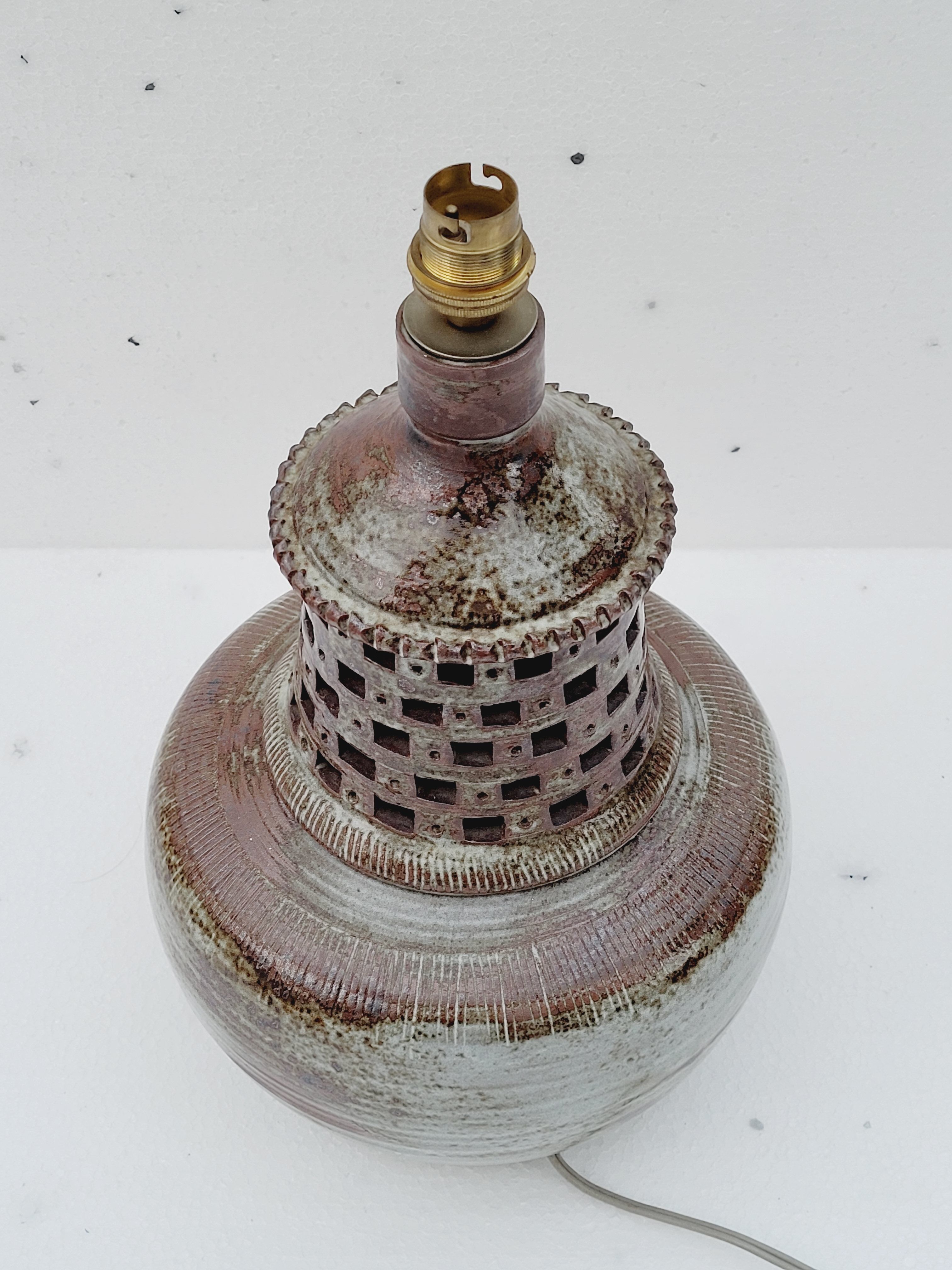 Vintage lamp foot in openwork ceramic email brown gray signed