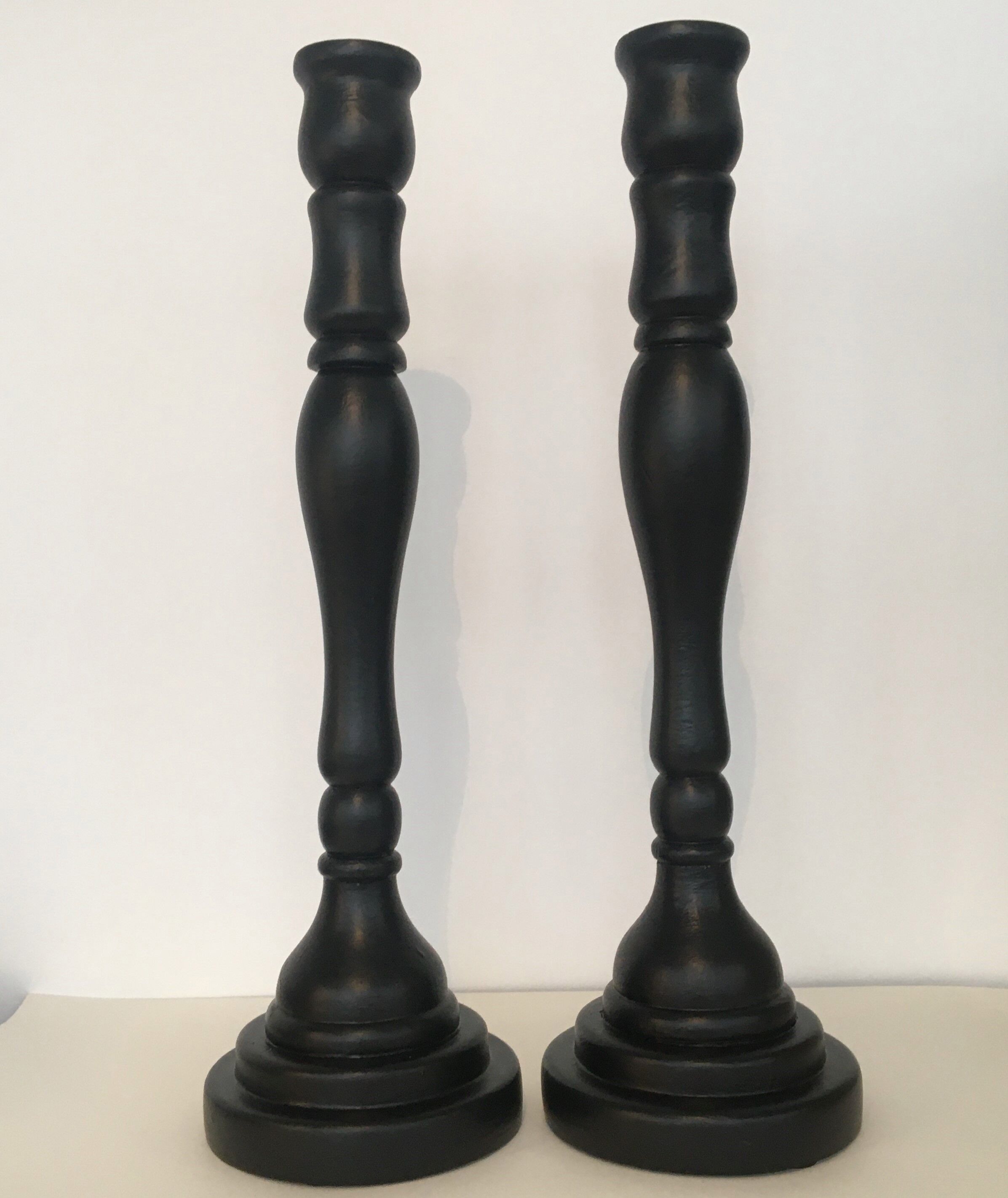 Pair black wood candle holders H52cm