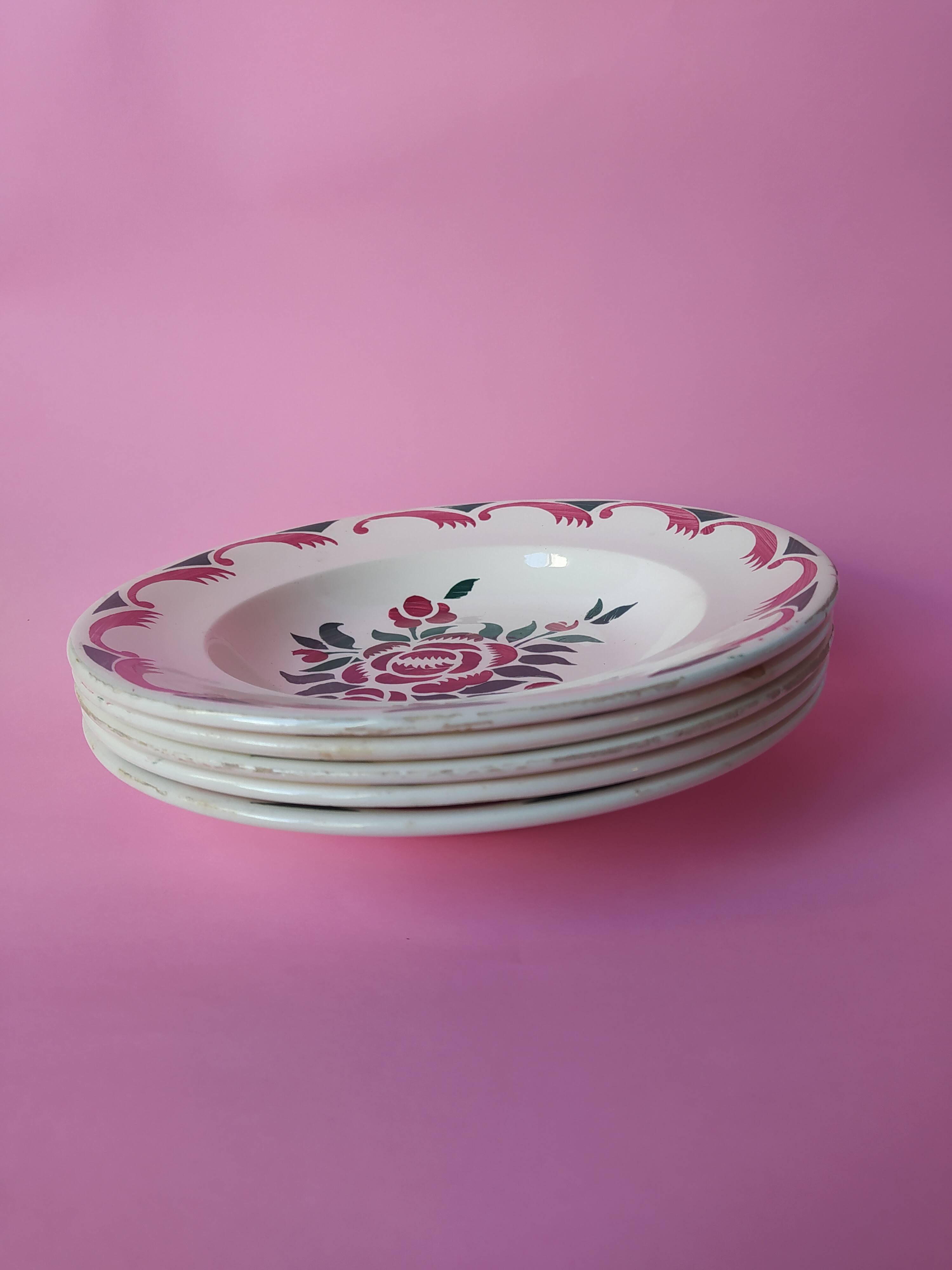 5 old soup plates from the French manufacturer LONGWY, Alsace model. Vintage.