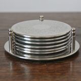 6 vintage chiseled silver metal coasters