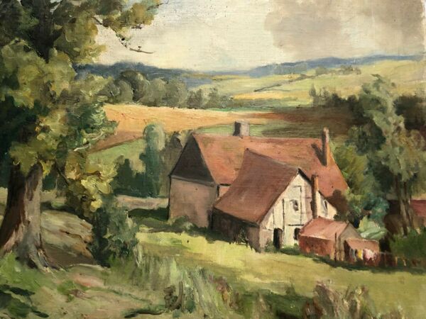 Huile sur carton paysage 20 eme siecle signe Fude Plois 20 eme siecle