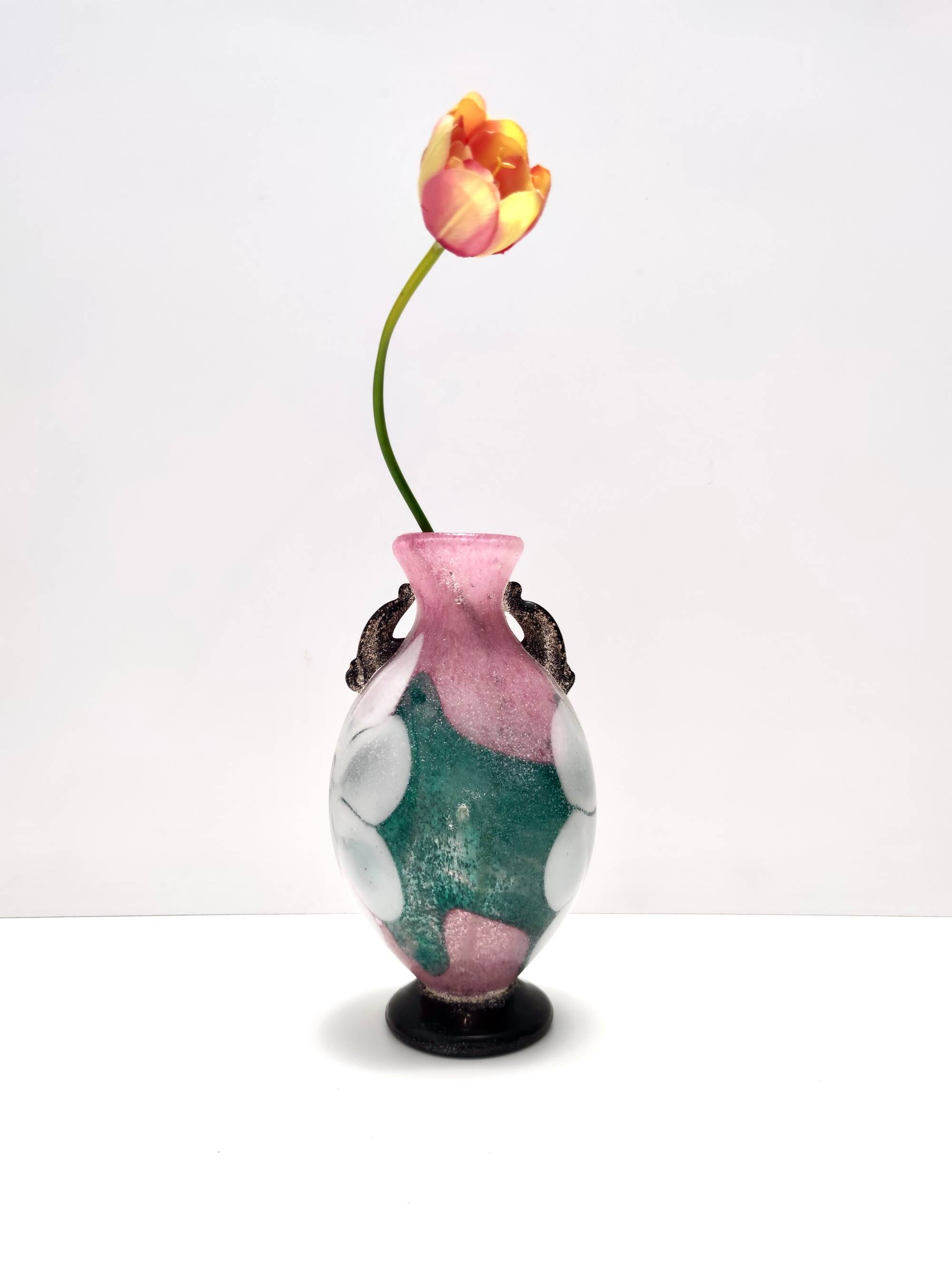 Postmodern Pink, Green and White Hand Blown Scavo Glass Vase, Murano, Italy
