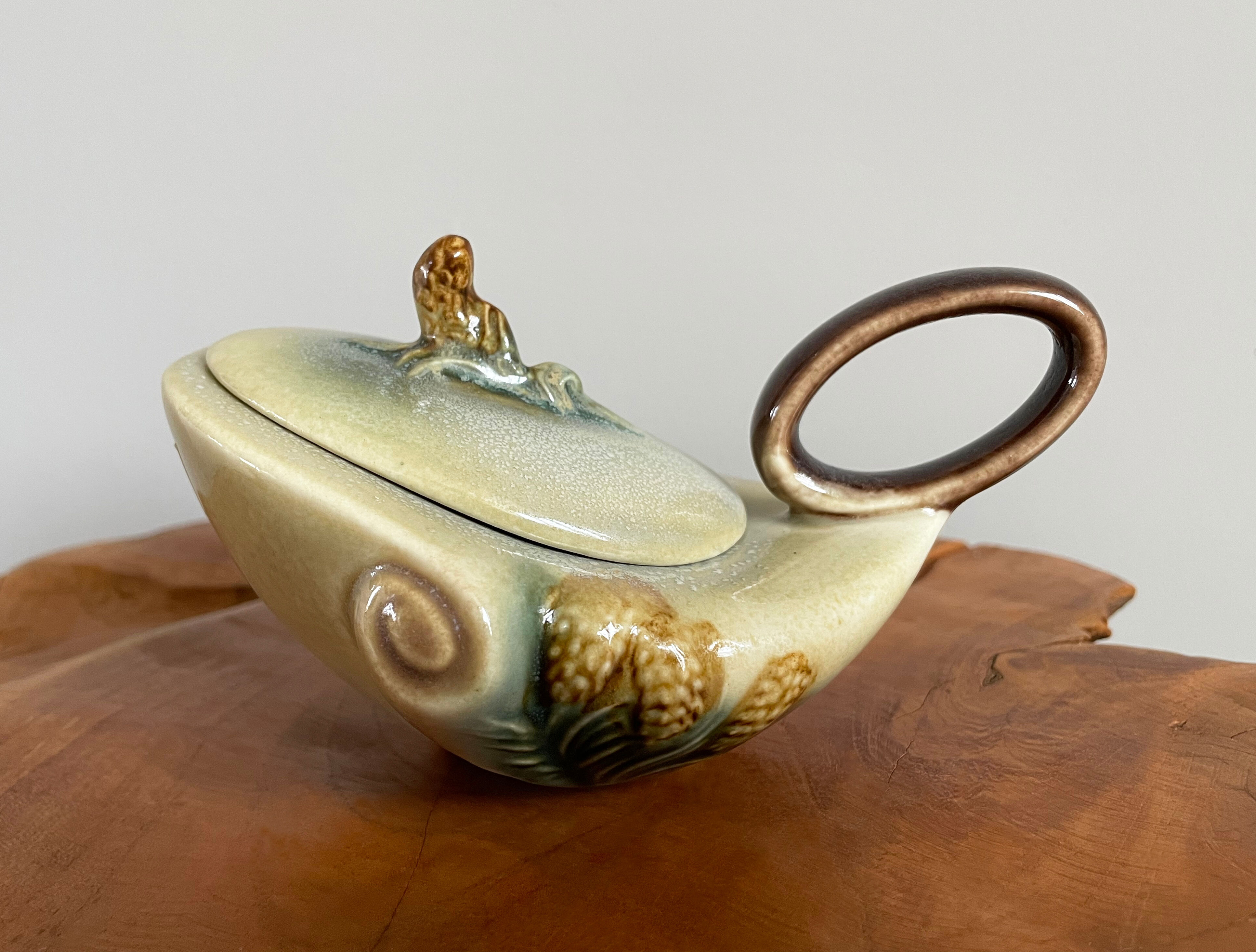 Hull pottery tea set parchment and pine, tea pot, creamer & sugar pot, american embossed majolica