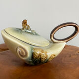 Hull pottery tea set parchment and pine, tea pot, creamer & sugar pot, american embossed majolica