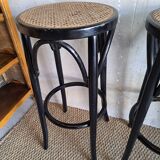 Pair of canned bar stools, curved wood