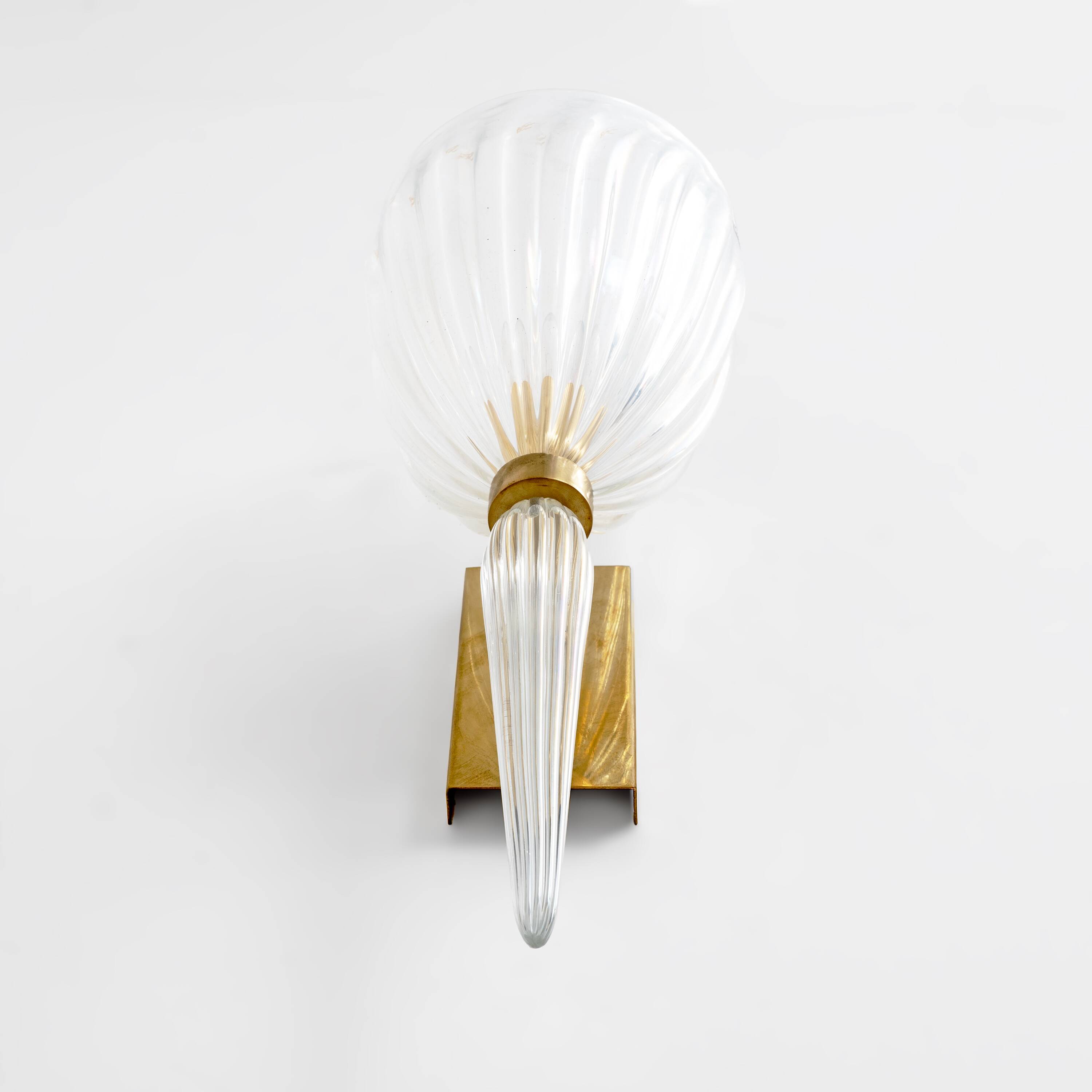 Pair of Italian Murano Iridescent Glass and Brass Wall Sconces