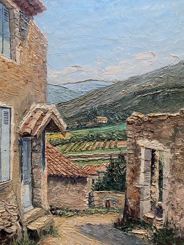 Tableau hsp ''vue de mirmande'' drôme, village et vigne signé raymond rigal