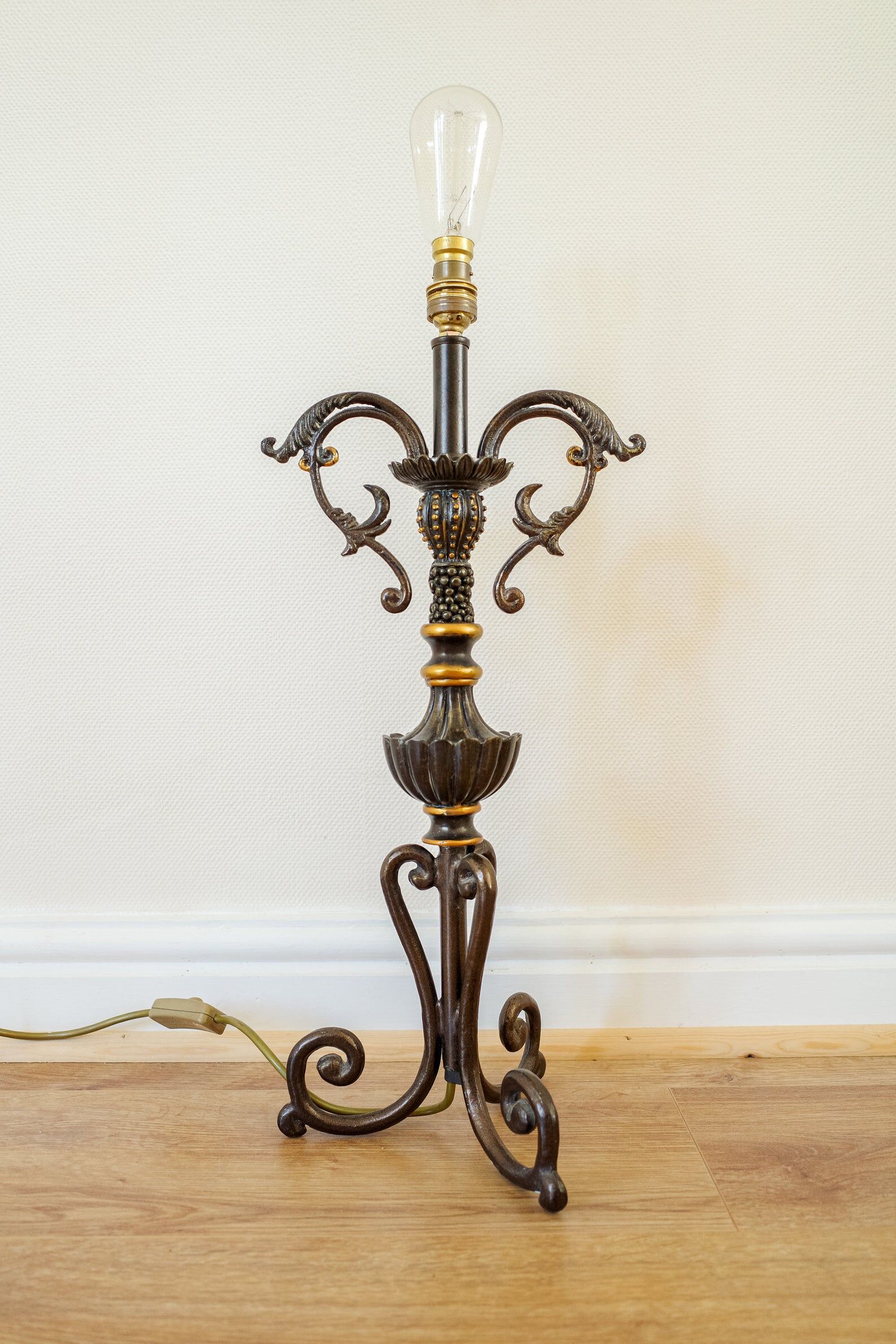 Vintage Large Black & Gold Iron Table Lamp Base, Antique 1950s Metal Bedside Lamp