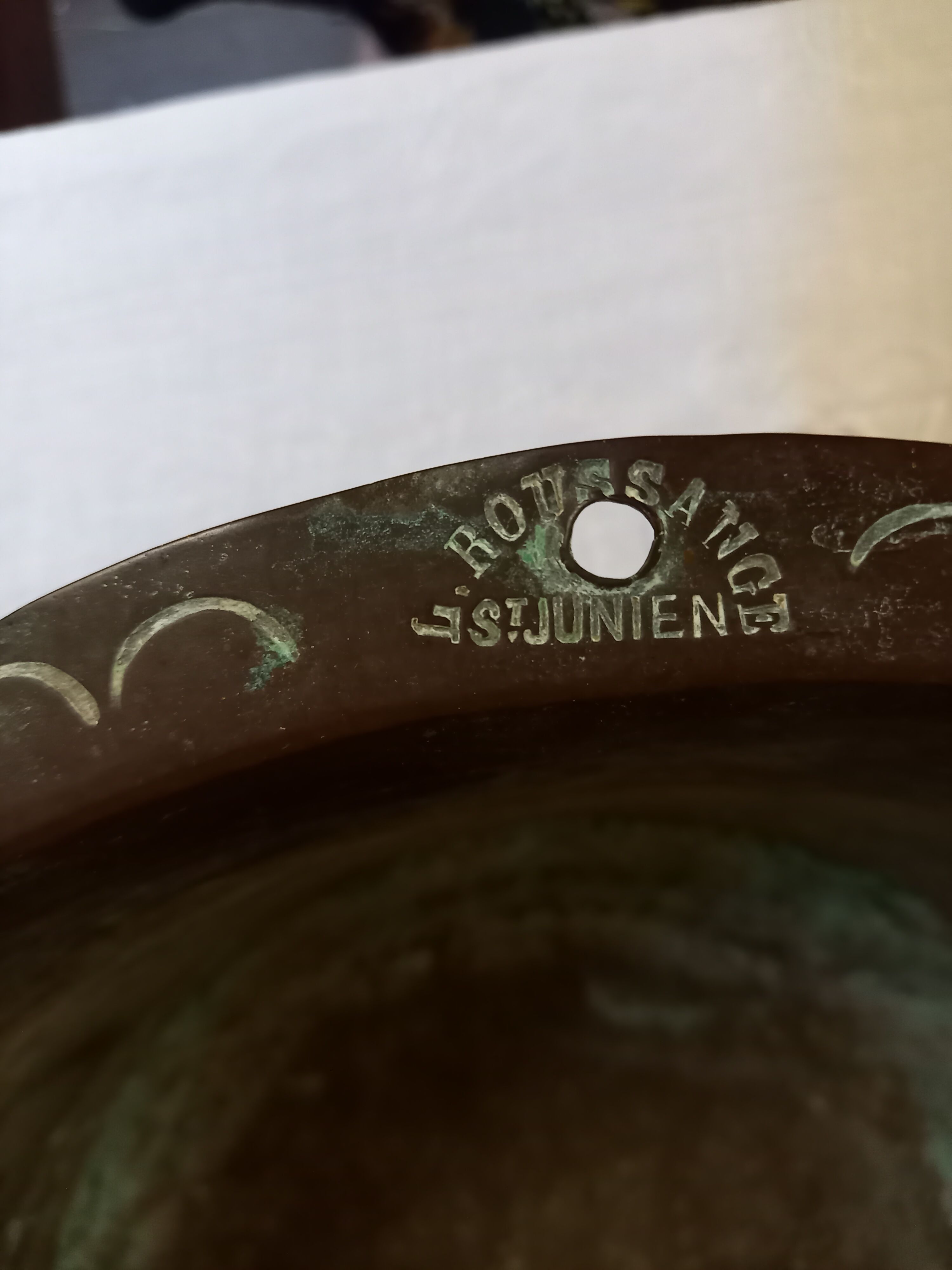Old copper basin, stamped L.Roussange, Saint-Junien