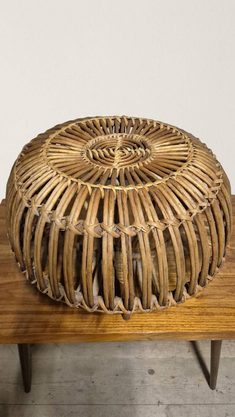 Mid-century woven rattan ottoman by Franco Albini, 1950s, Italy, 50 × 50 × 30 cm