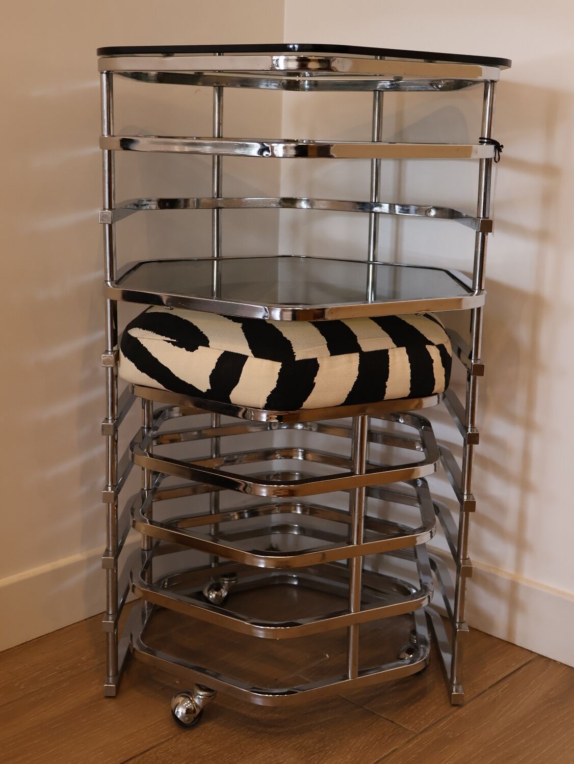 Chrome and smoked glass dressing table with a nesting seat, 1970.