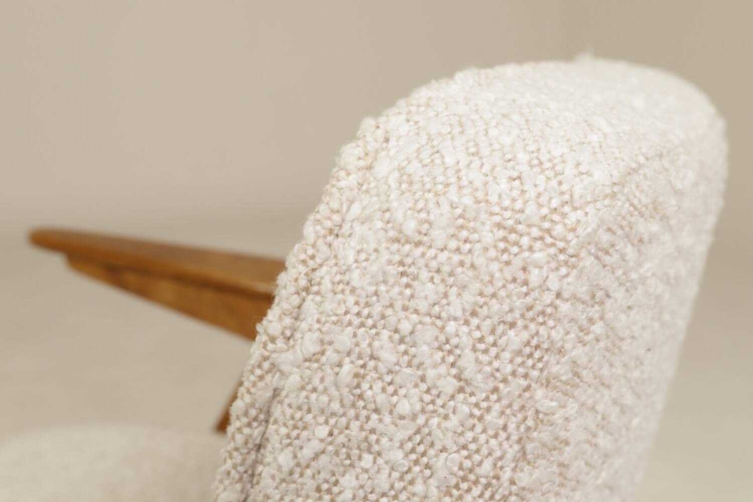 Vintage armchair rustic oak pearl bouclé concluded by Chierowski