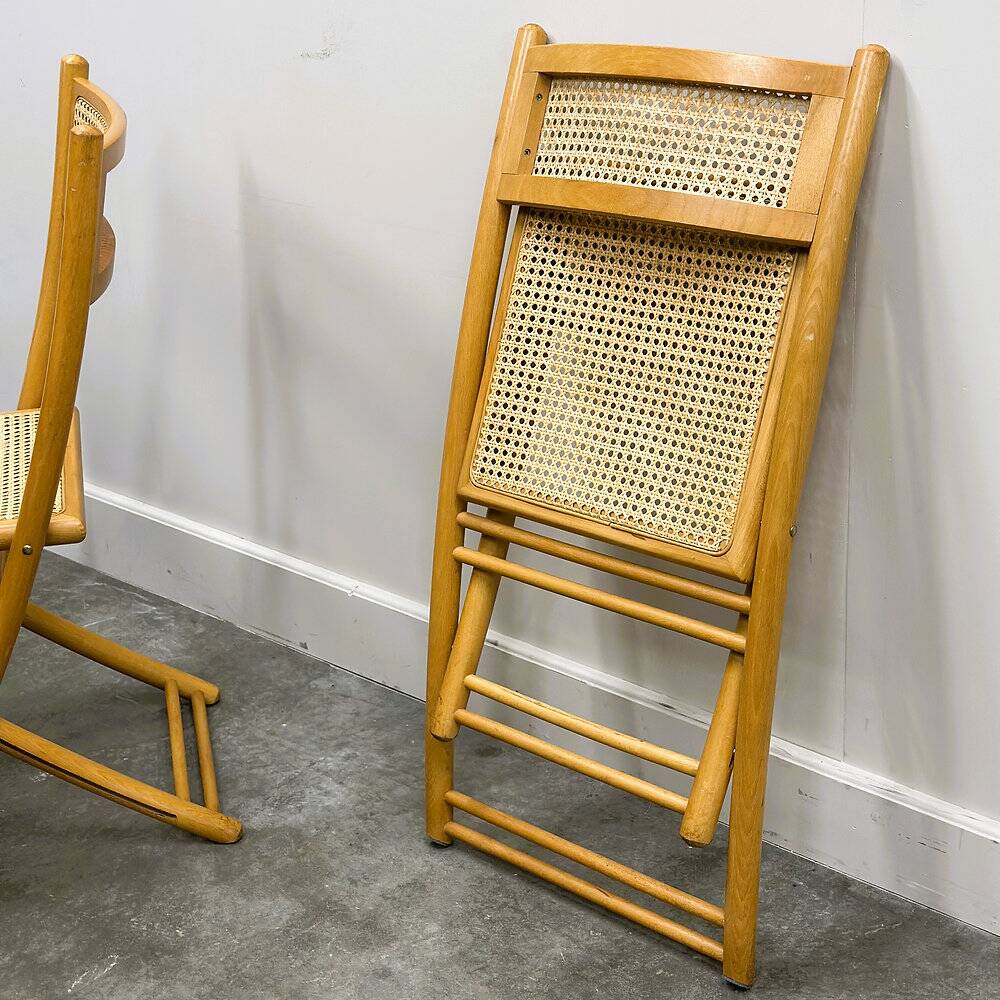 Rare set of four Belgian folding chairs in solid wood and hand-woven cane, mid-century