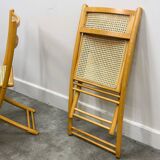 Rare set of four Belgian folding chairs in solid wood and hand-woven cane, mid-century