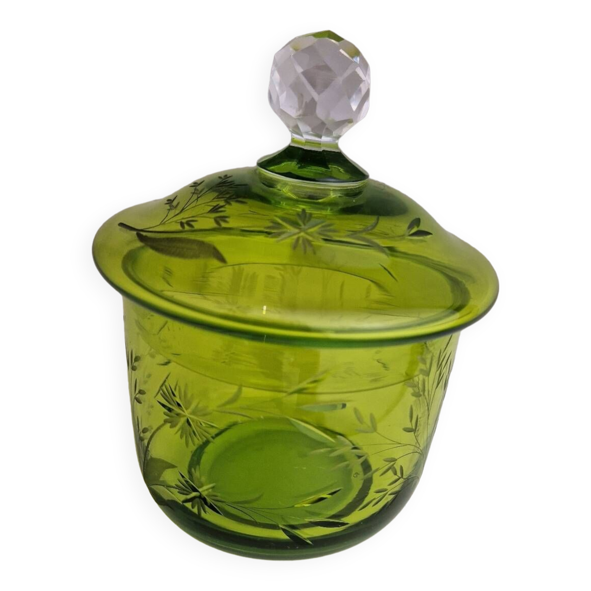 Green chiseled cut glass candy box