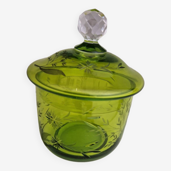 Green chiseled cut glass candy box