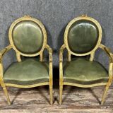 Pair of Louis XVI Cabriolet Armchairs with Medallion Backs in Limed Wood, 19th Century