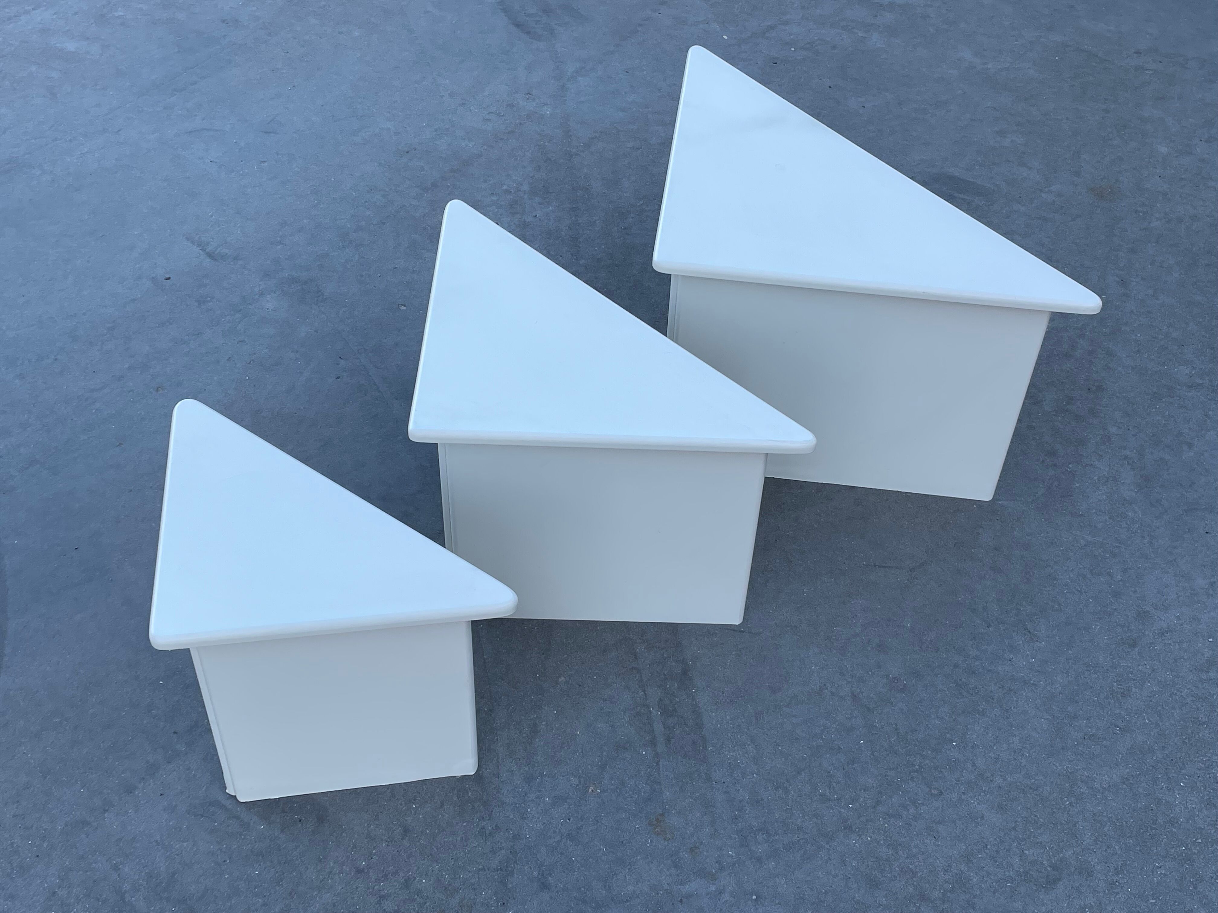 Set of three triangle side tables wood white creme design