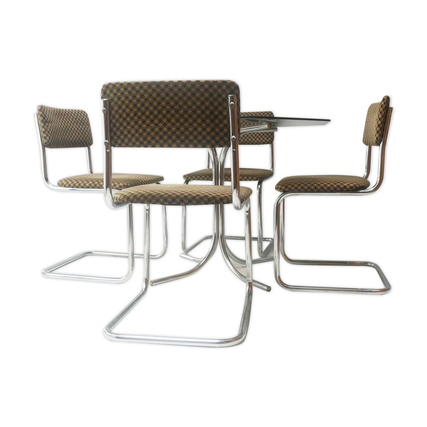 1970’s mid century glass 6 sided dining table with upholstered dining chairs