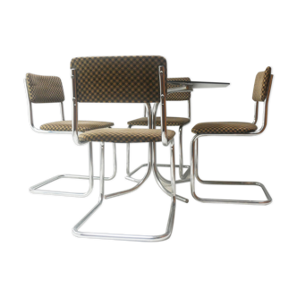 1970’s mid century glass 6 sided dining table with upholstered dining chairs