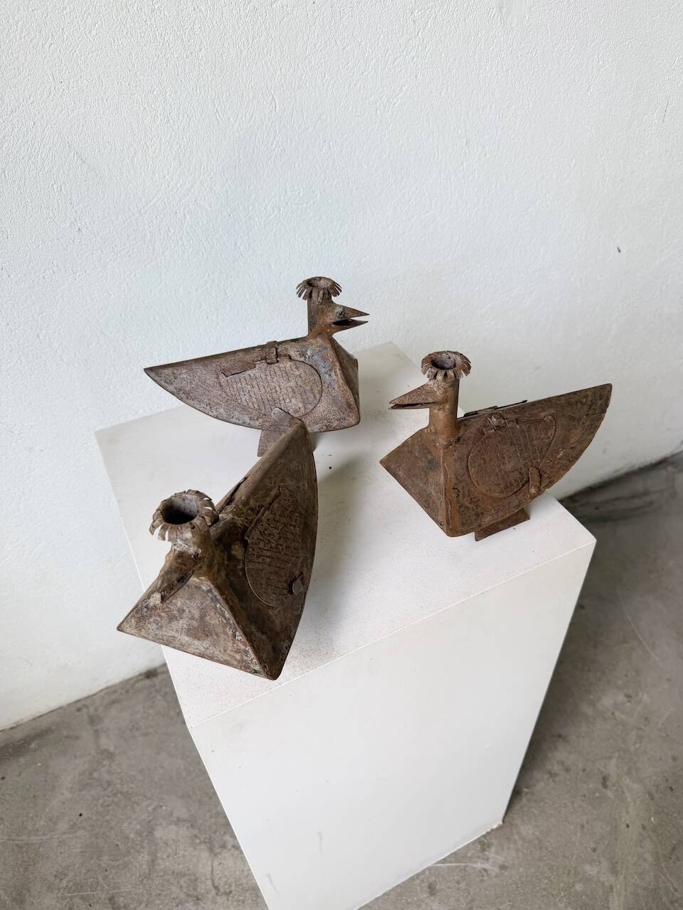 Series of three brutalist Folk Art candle holders