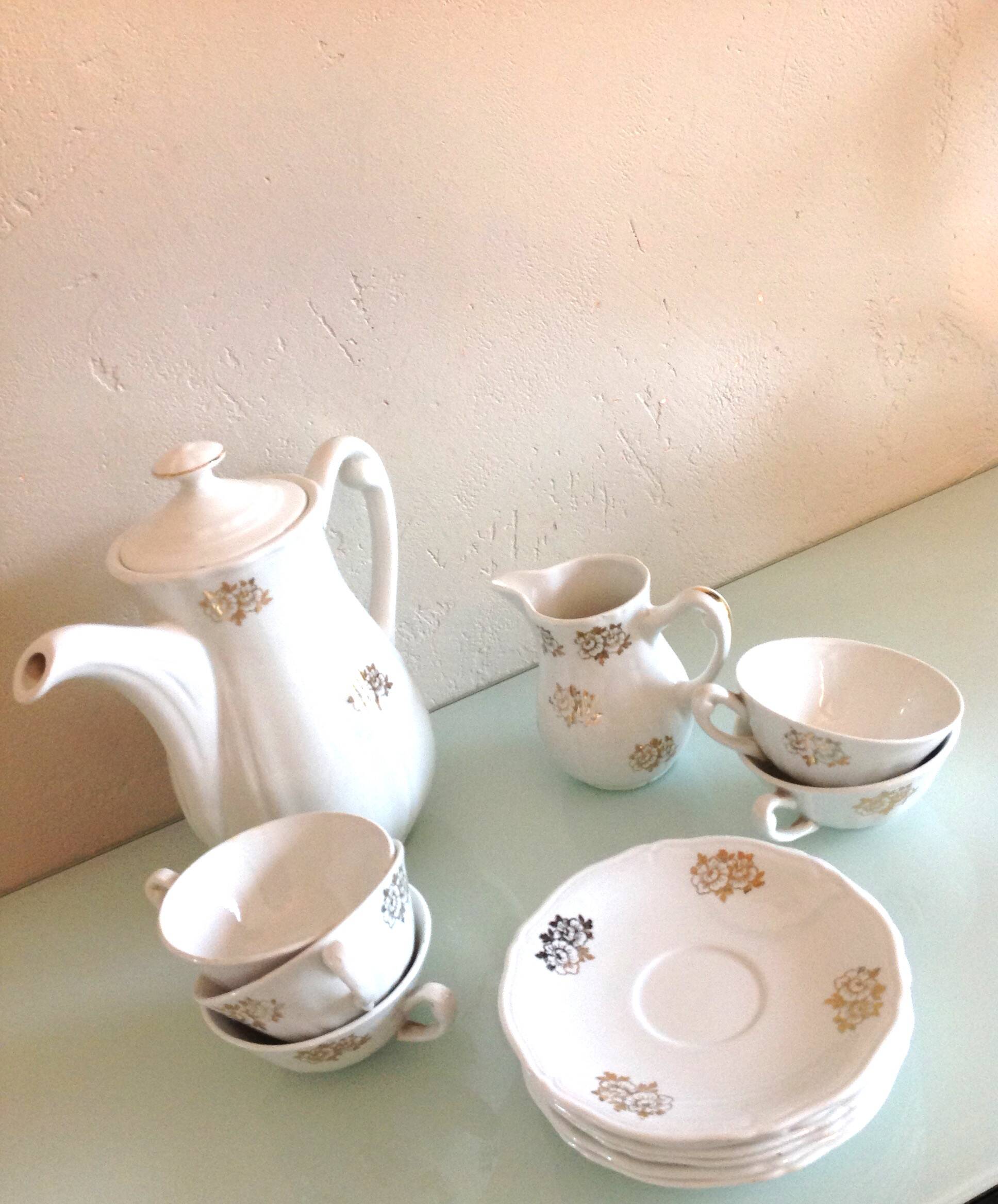 White porcelain coffee service with golden flowers / vintage 50s-60s