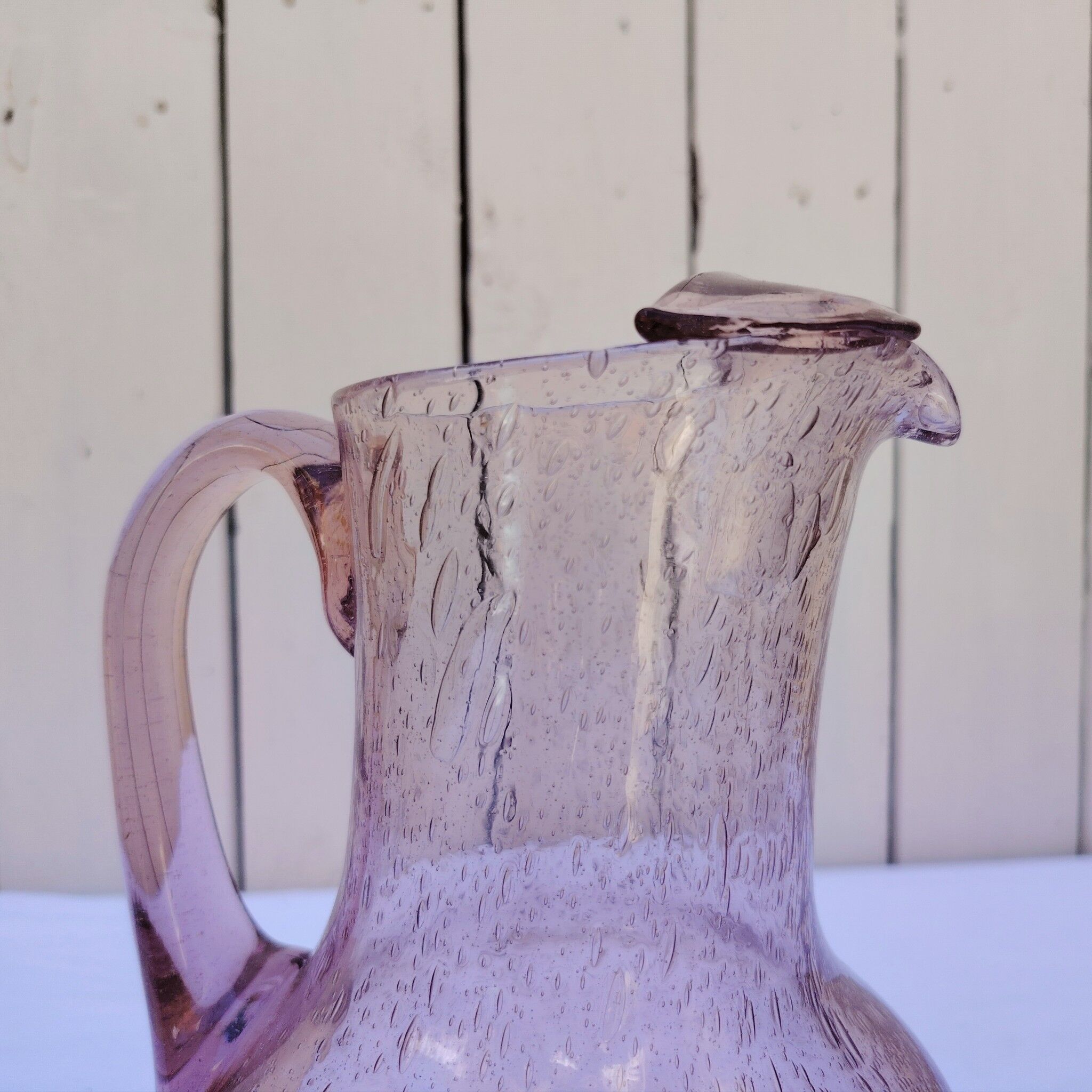 Blown glass pitcher with bubbles, Biot glassware style, vintage.