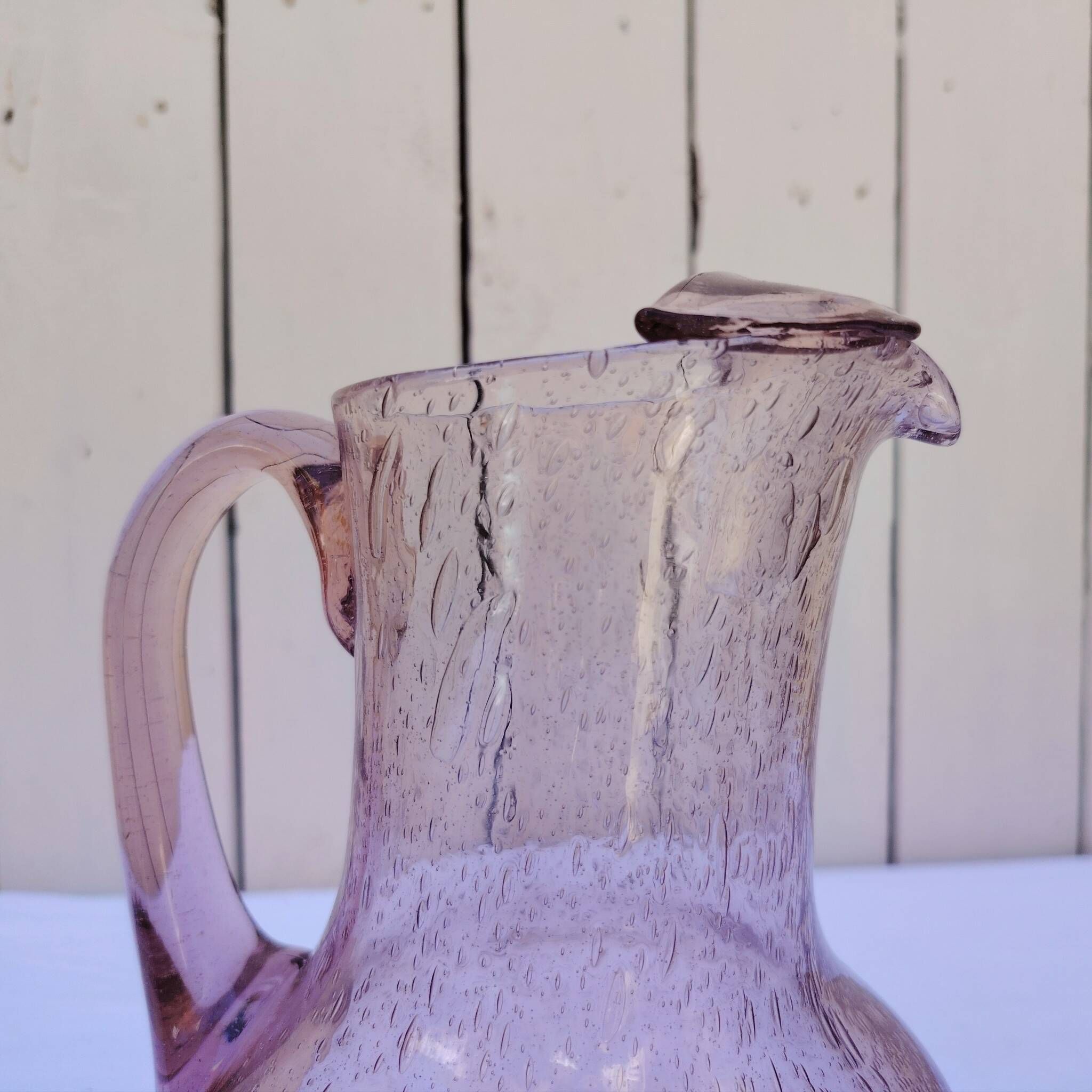Blown glass pitcher with bubbles, Biot glassware style, vintage.