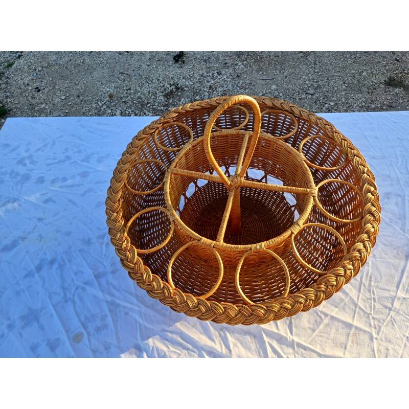 Panier vintage porte bouteilles et verres osier