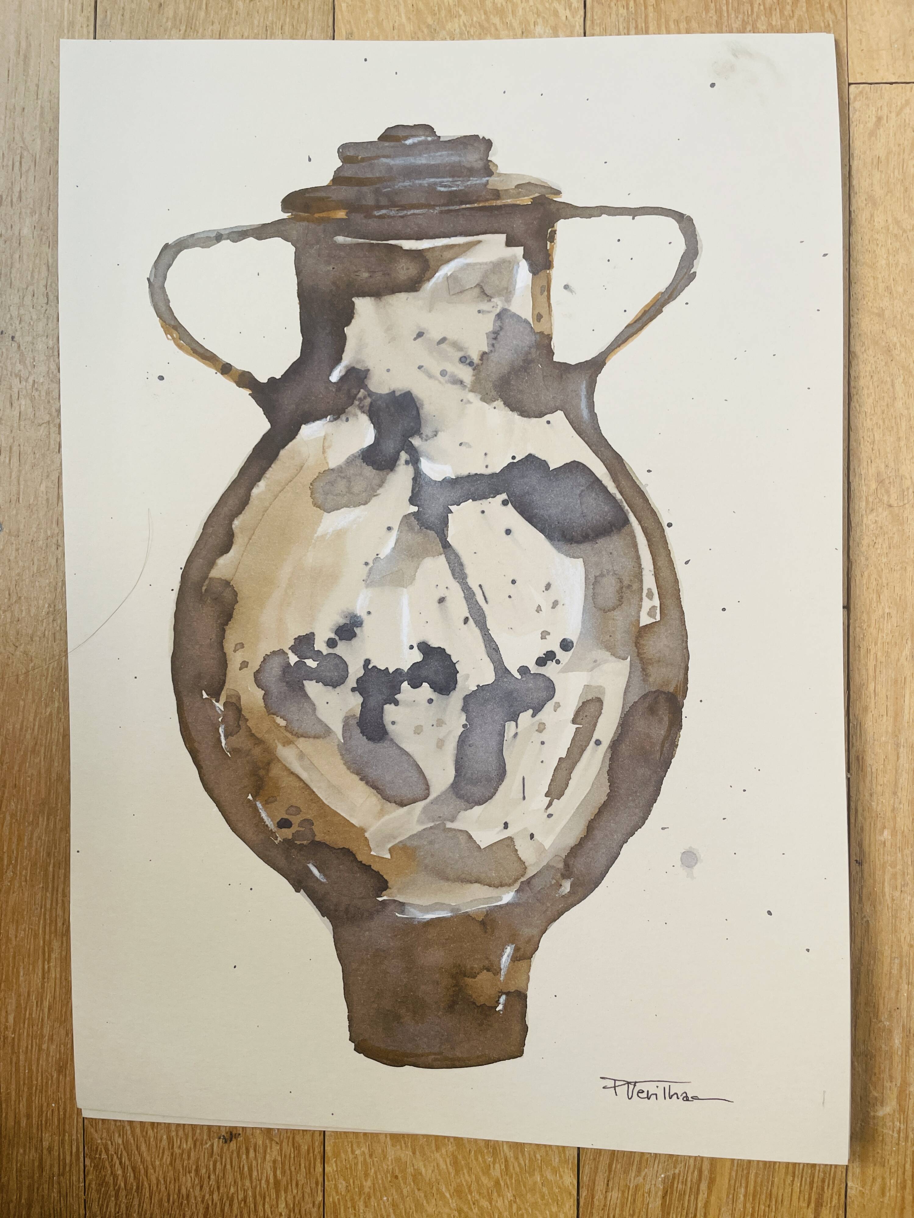 Signed watercolor and ink painting Wabi Sabi Sahara Vase