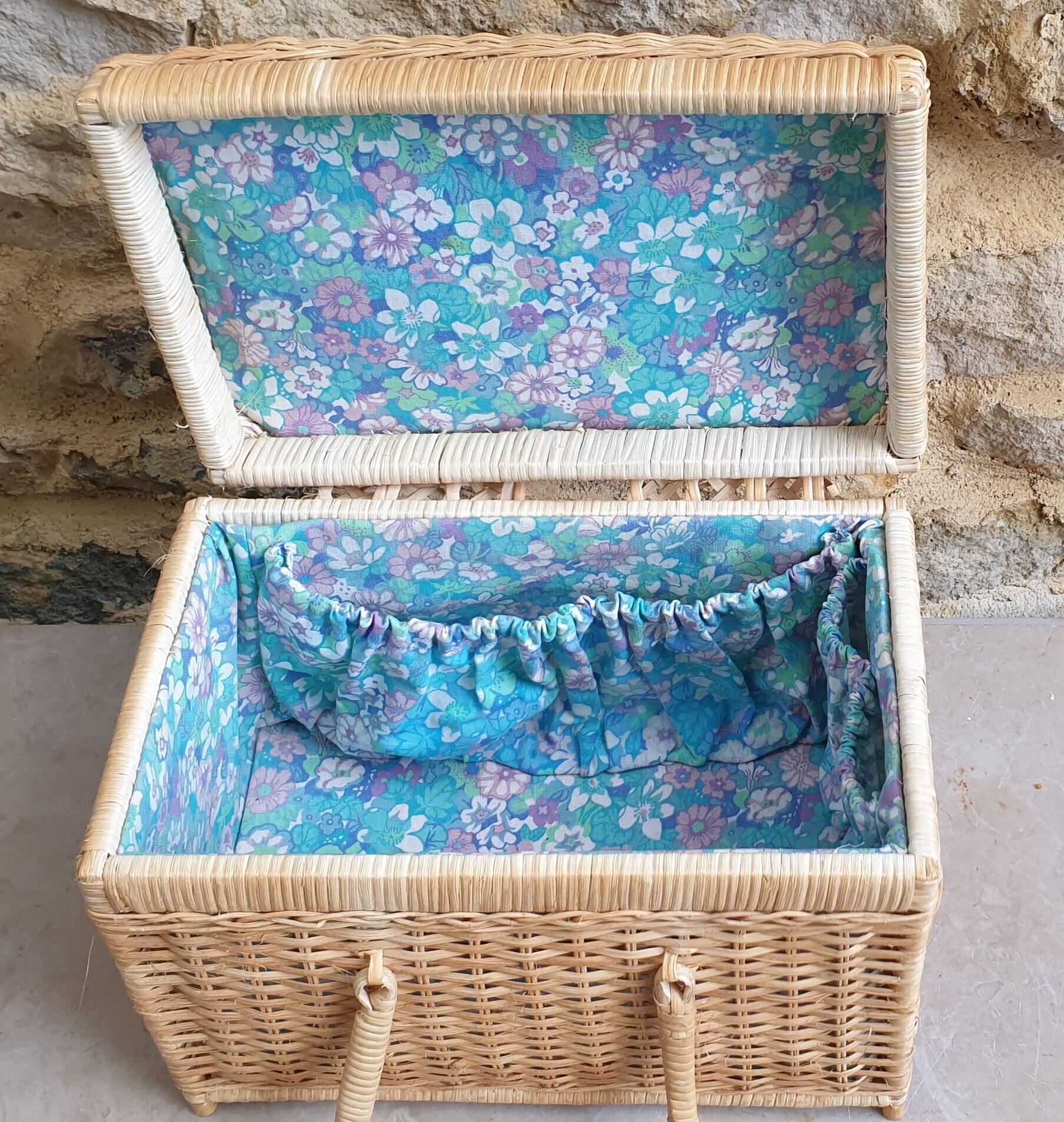 Vanity, vintage wicker suitcase