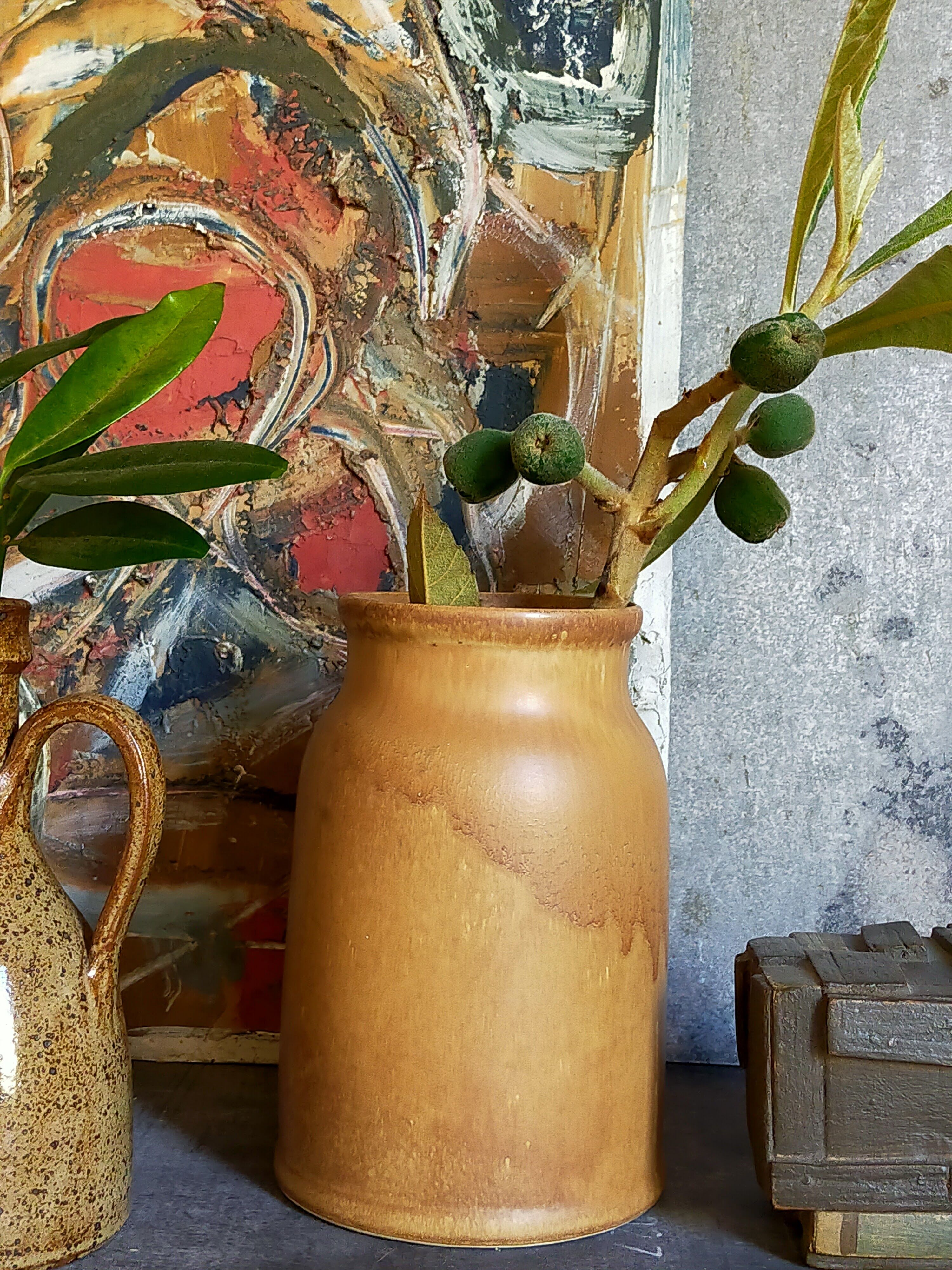 Vintage French enamelled straight sandstone vase