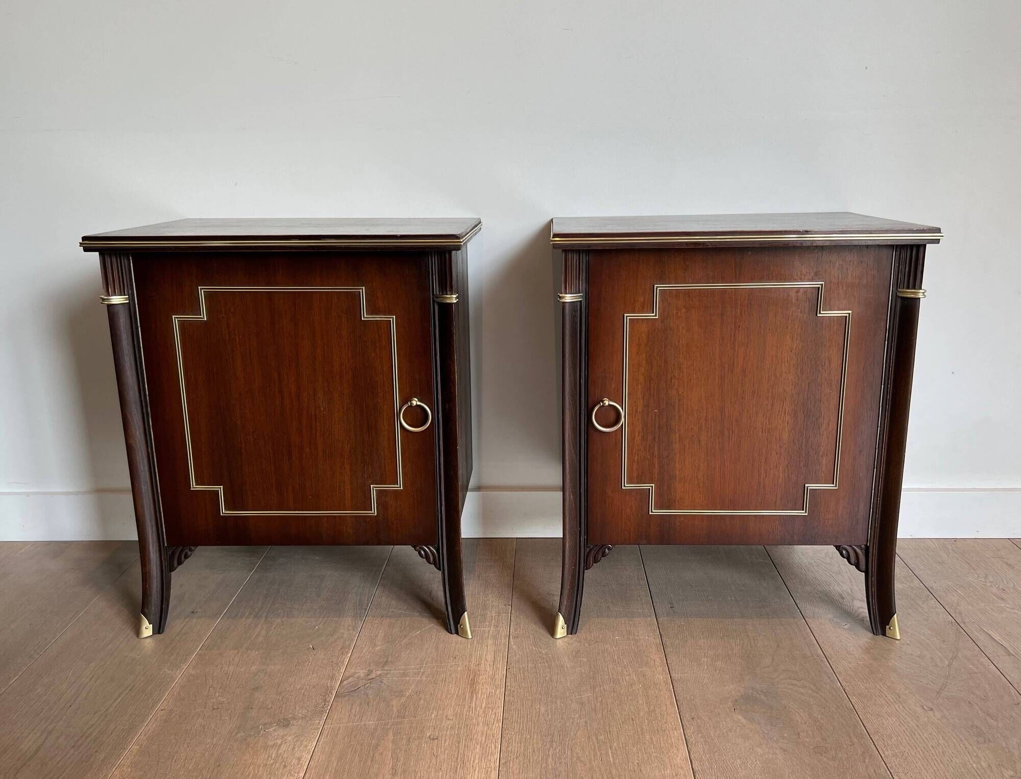 Pair of Occasional Tables with Mahogany Doors and Brass Inlays. Work F