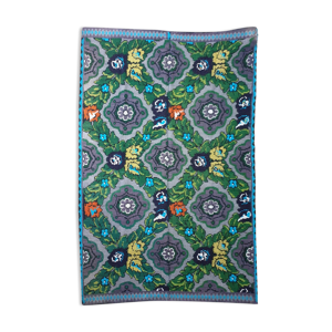 tapis en laine design floral gris et vert, fait à la main en Roumanie vintage
