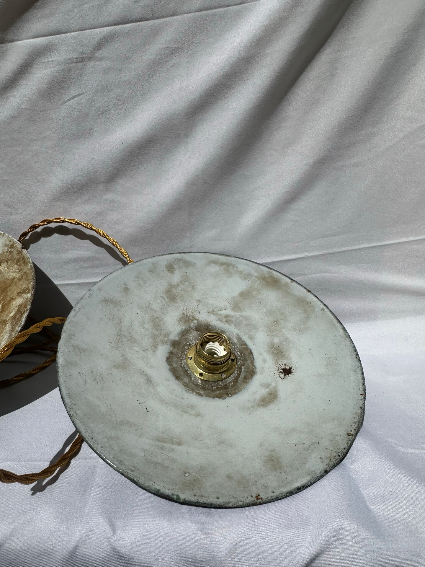 Old suspension pair in green and white enamelled sheet metal.
