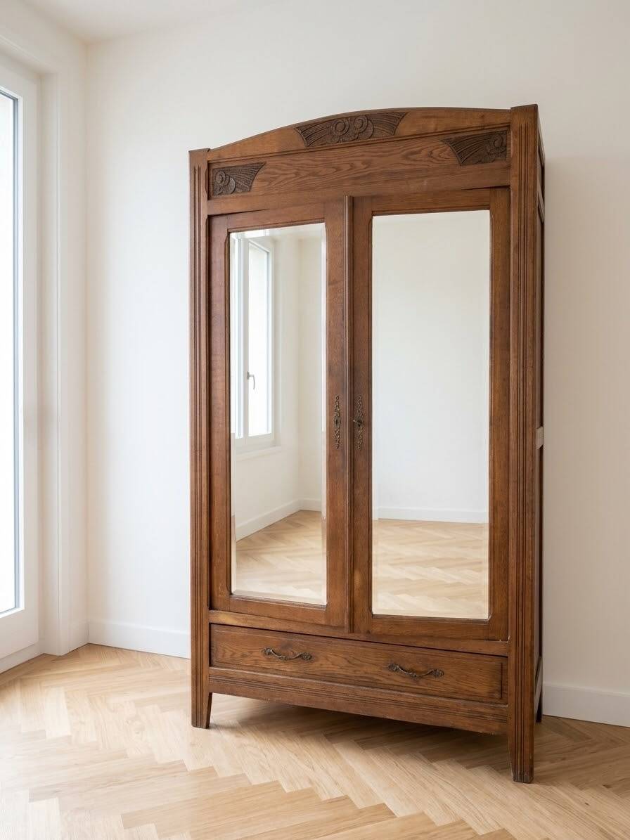 Art Deco wardrobe in solid oak with mirrors