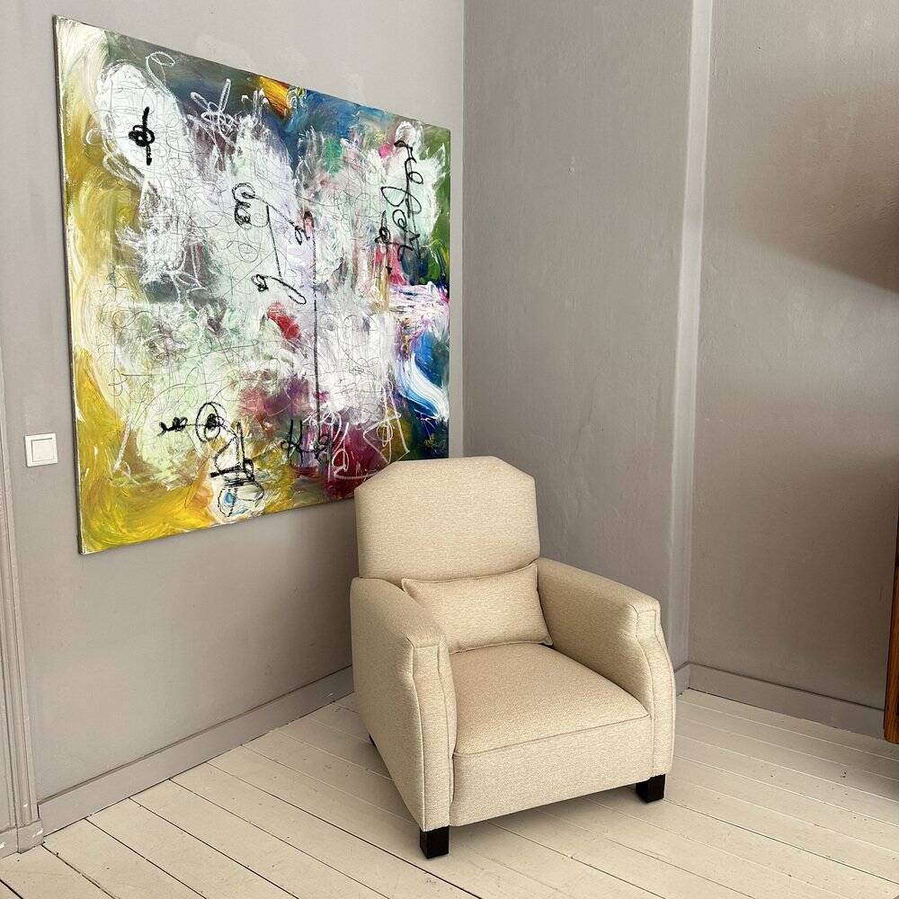 Vintage German Art Deco Armhair in White Fabric, 1920s