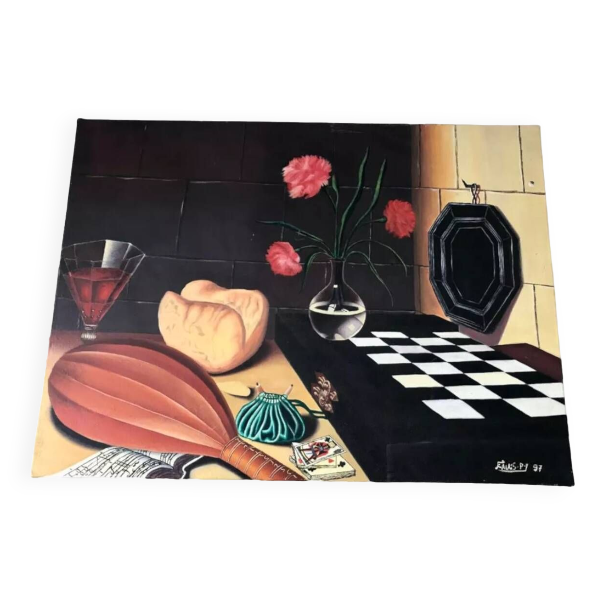 Oil painting on canvas still life with chessboard