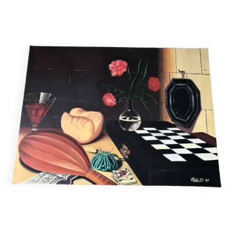 Oil painting on canvas still life with chessboard