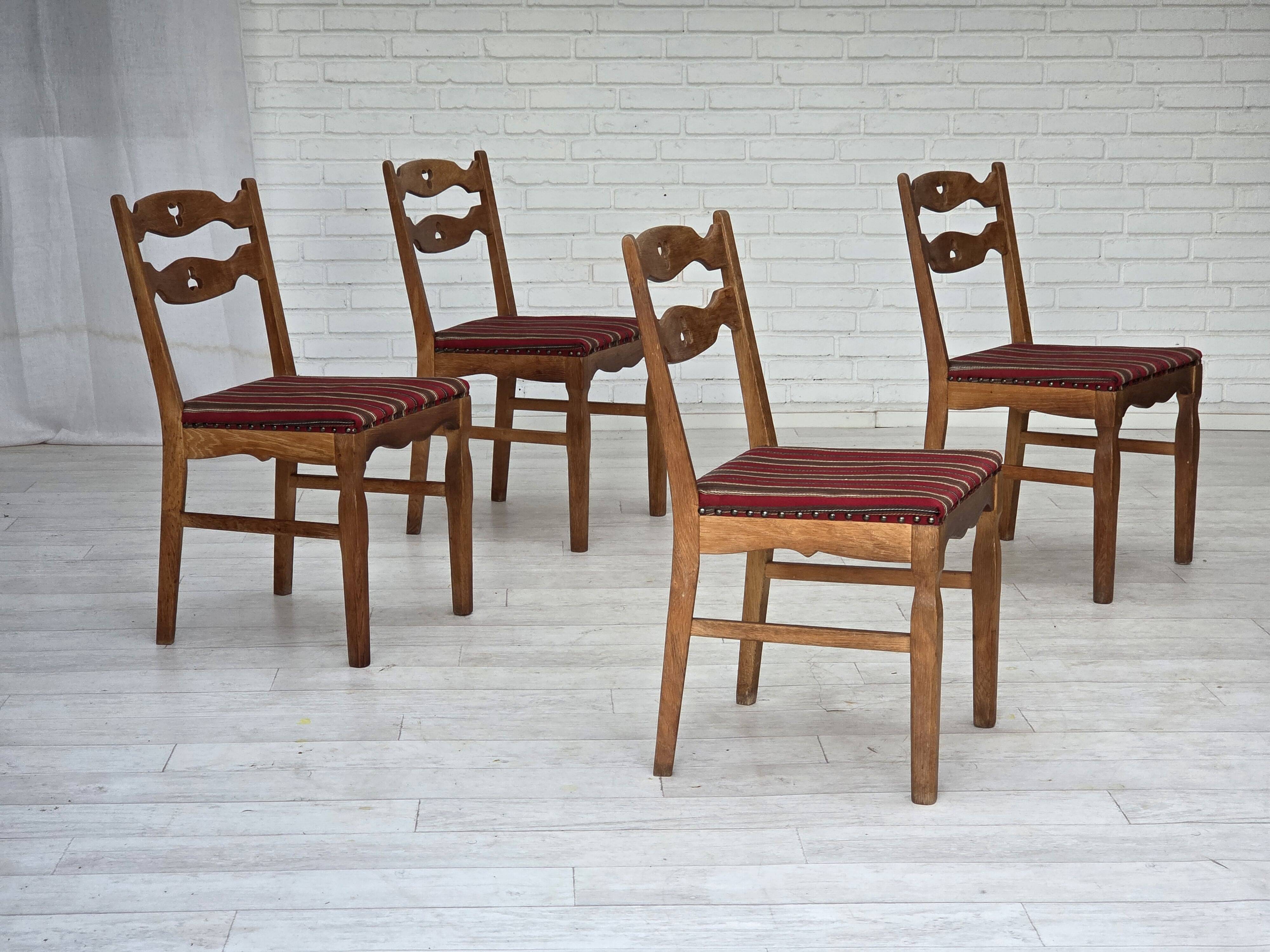 1960s, set of 4 pcs Danish dining chairs, furniture wool, solid oak wood.