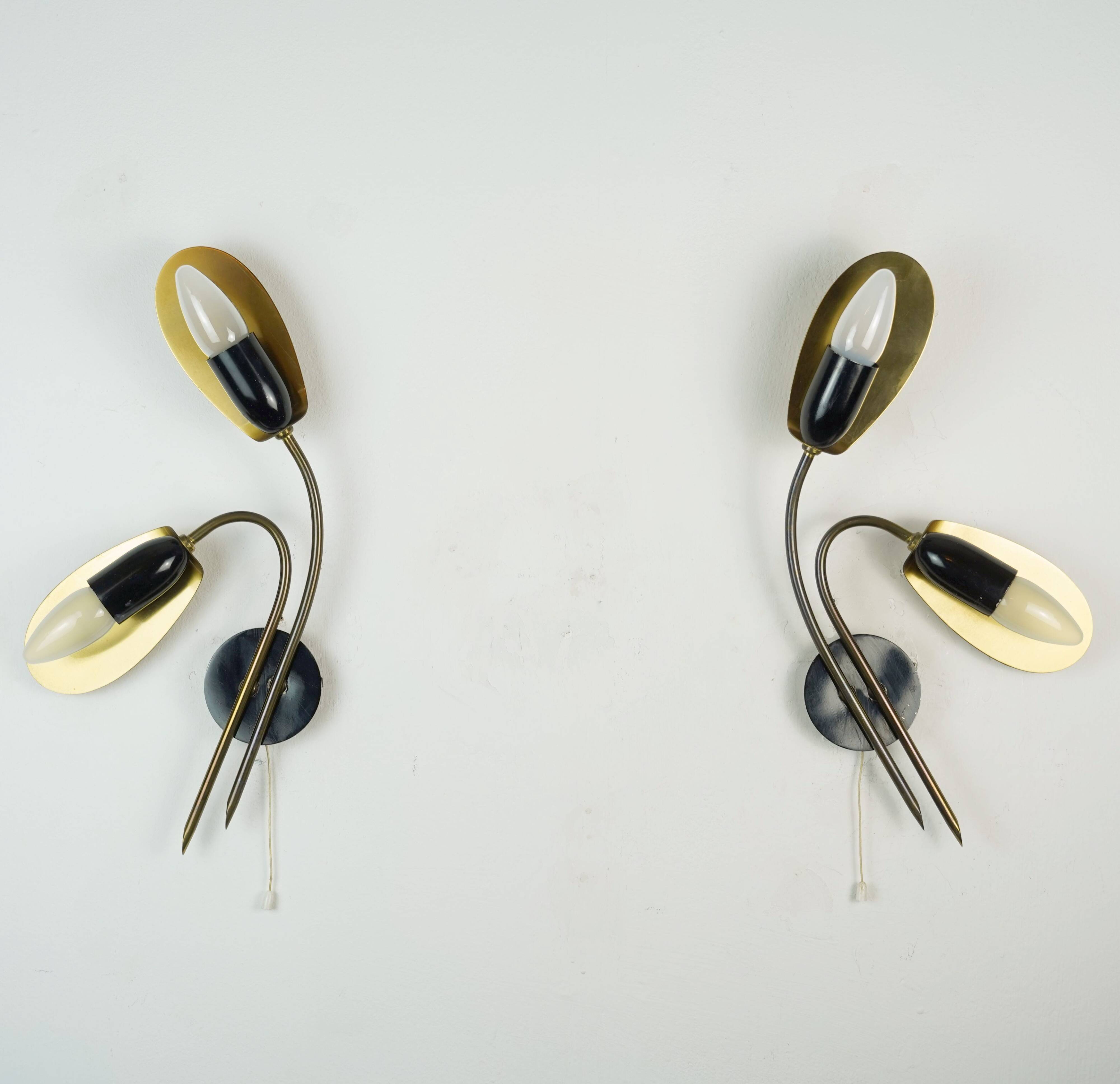 Pair of 1950s mid century sconces wall lamps brass black metal
