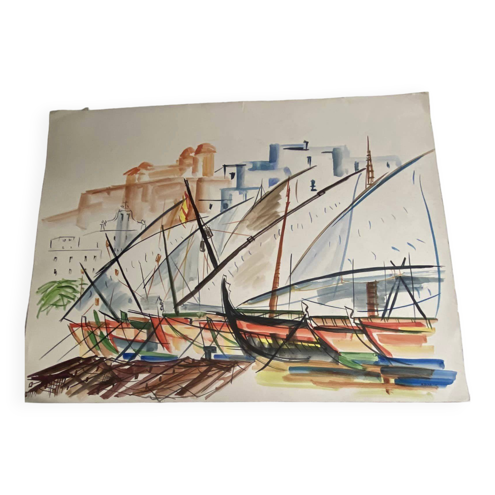 Watercolor/drawing on thick paper signed abadie