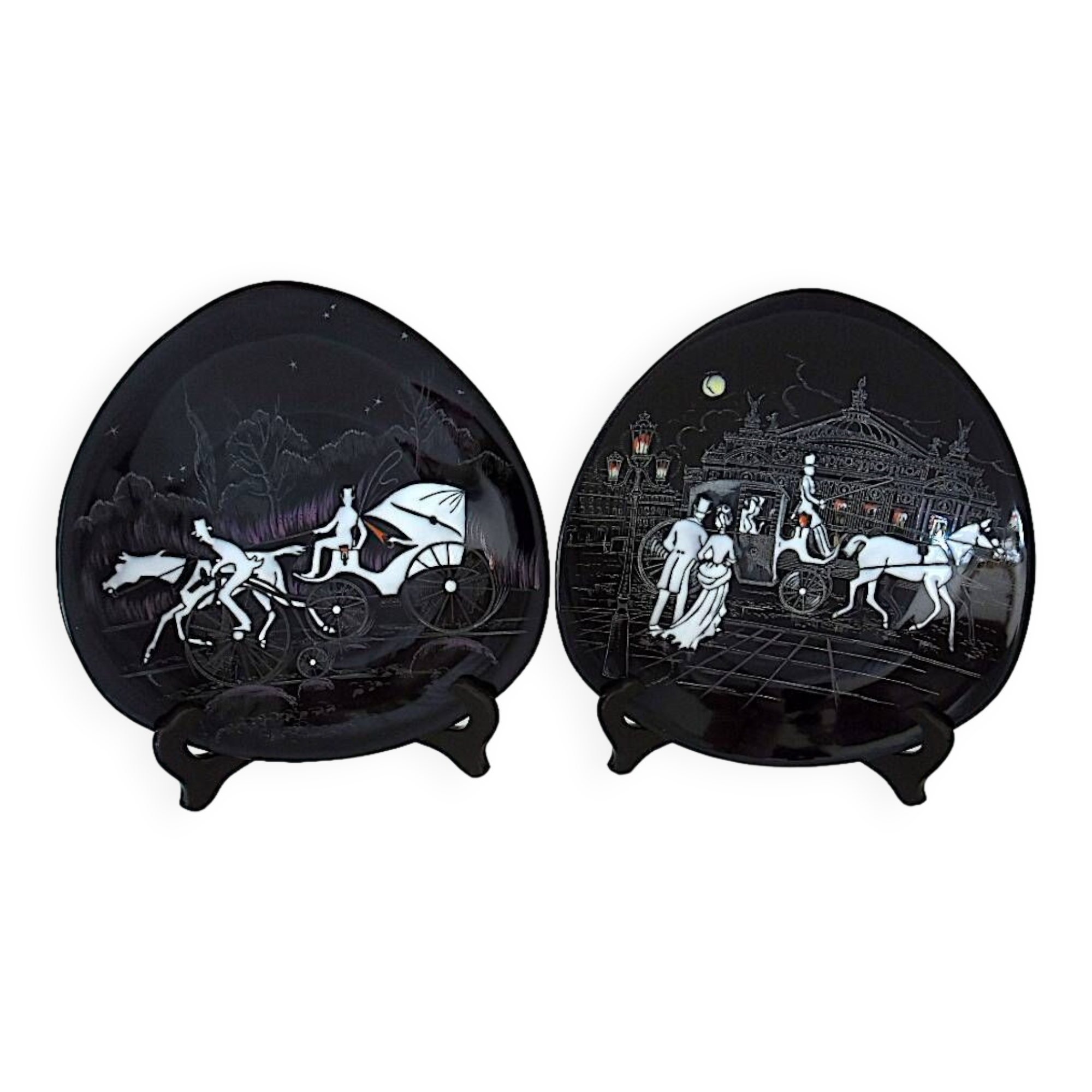 Pair of decorative plates: "Rally" & "Bal at the Opera".